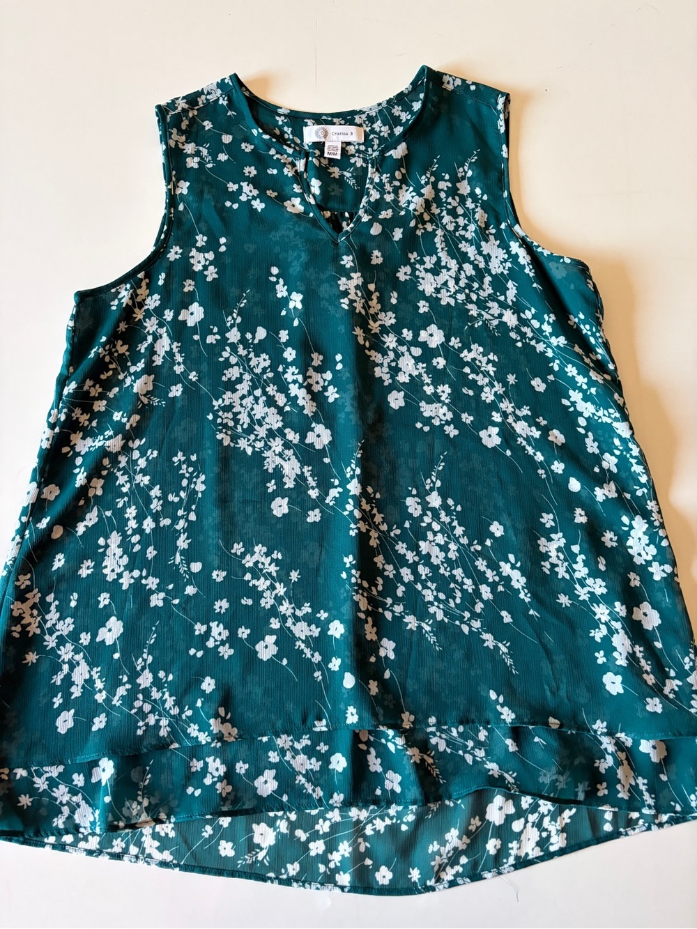 Cristina B Womens Blouse Tank top layered front Teal Floral Design Size Large